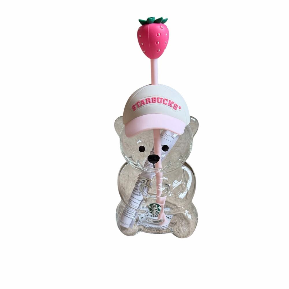 Starbucks Bearista Glass Strawberry Pink Hat and Straw NWT - Picture 2 of 8